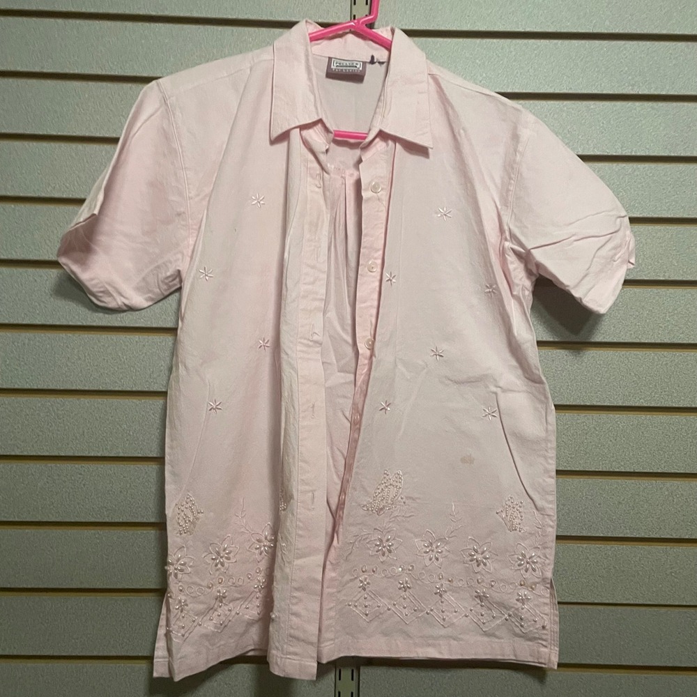 Premier International Embroidered Button Down Top Short Sleeve Pink‎ Blouse Sz L